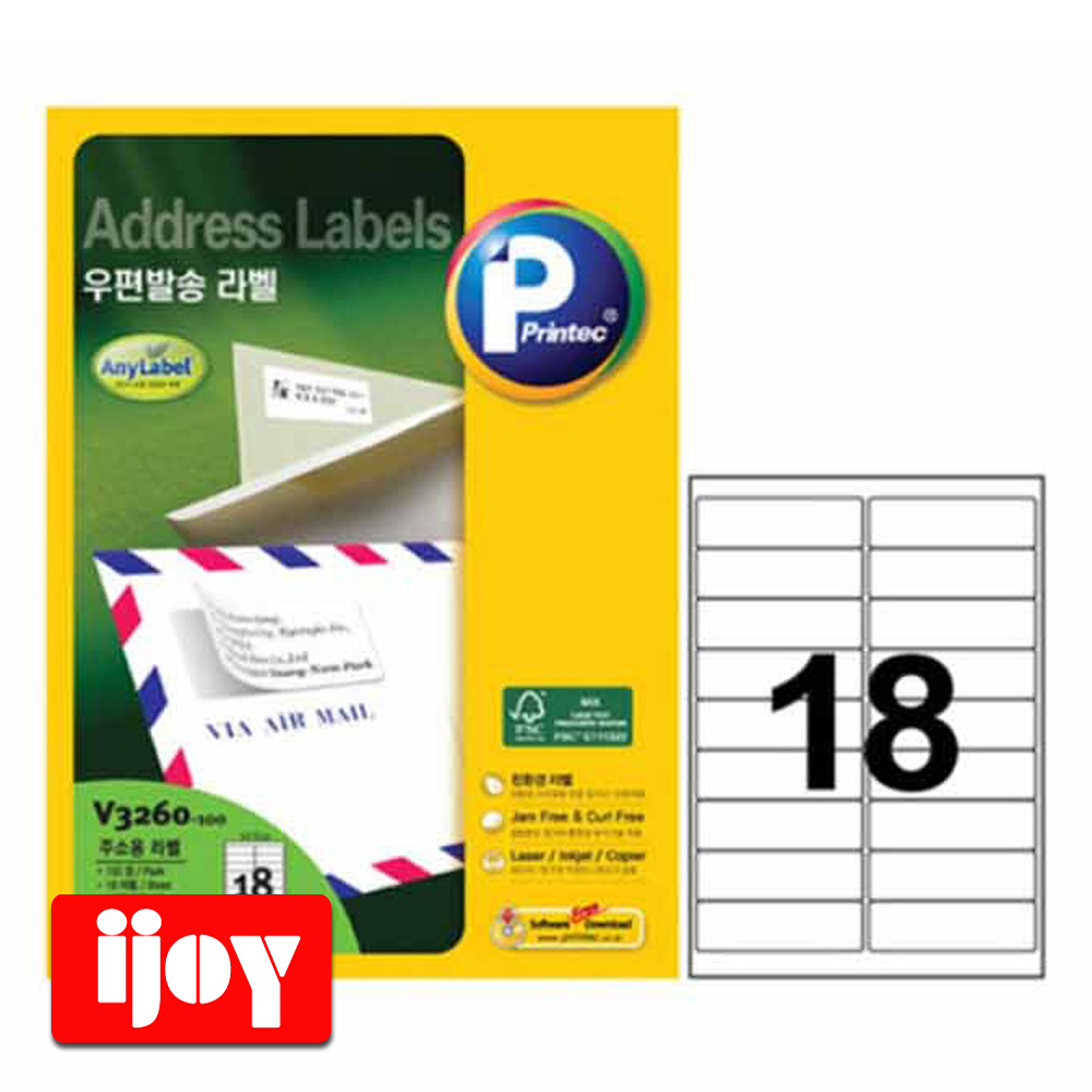 프린텍 우편발송 라벨 V3260-100 100매 18칸 주소 스티커용지, 단품 15,750원