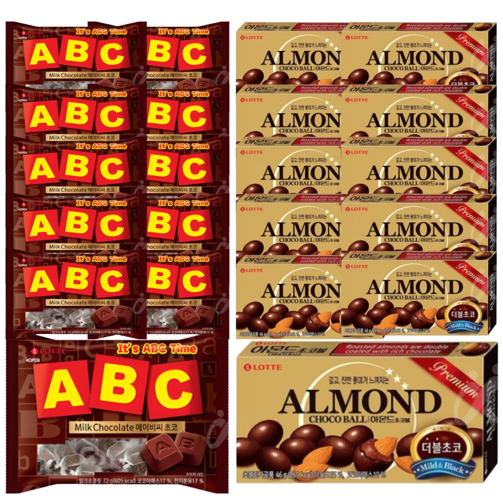 롯데 초코 아몬드 초콜렛 세트 ABC 초콜릿 72g + 아몬드 초코볼 46g 각 10개씩, 20개, 118g 31,500원