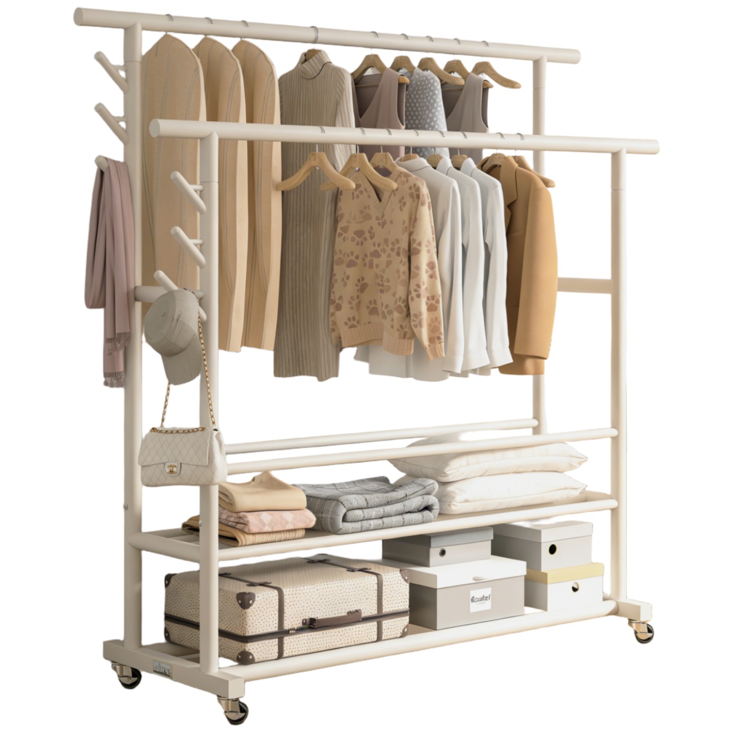 Unihome 28mm(공간활용 UP + 다기능 후크*6pcs) 친환경 업그레이드형 튼튼한 2단 대용량 이동식 수납 선반 행거 46,800원