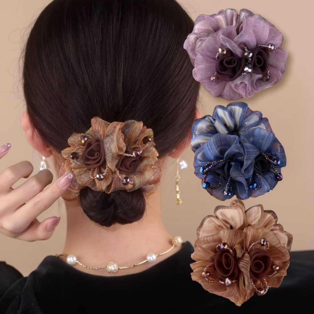 고급스러운 비즈 플라워 장식 쉬폰 곱창밴드 3p 세트 8,400원