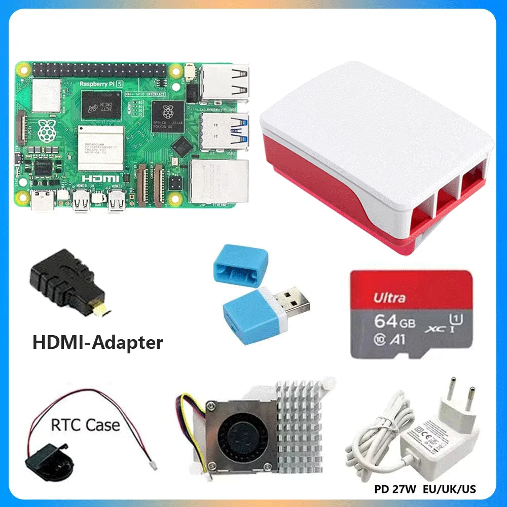 Raspberry Pi 5 모델 2GB/4GB/8GB RAM 옵션 키트 27W 전원+케이스+64GB 카드+ 리더기+RTC 167,500원