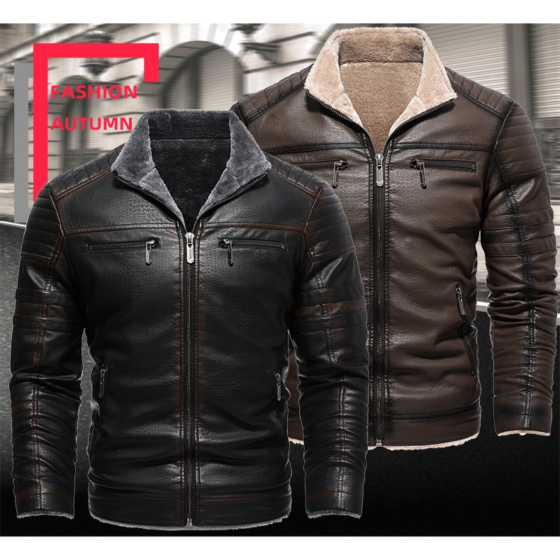 WIRQO 가을 겨울 남성 빈티지 숏 가죽자켓   캐주얼 따뜻한 집업  레더코트  레더자켓 63,630원