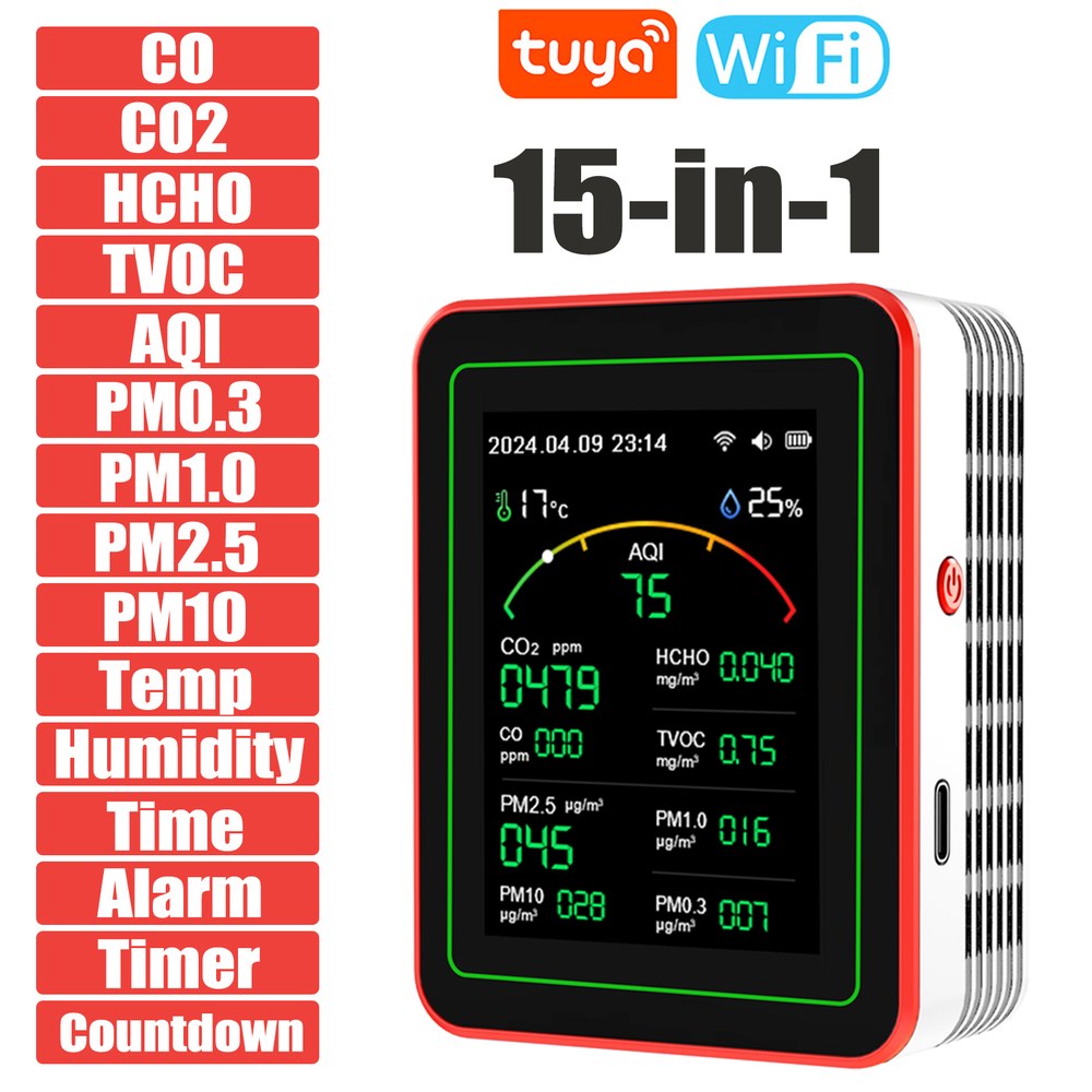 Tuya 와이파이 공기질 모니터, CO, CO2, HCHO, TVOC, AQI, PM0.3, PM1.0, PM2.5, PM10, 온도 습도, AQI 공기질 테스터, 15 인 44,900원