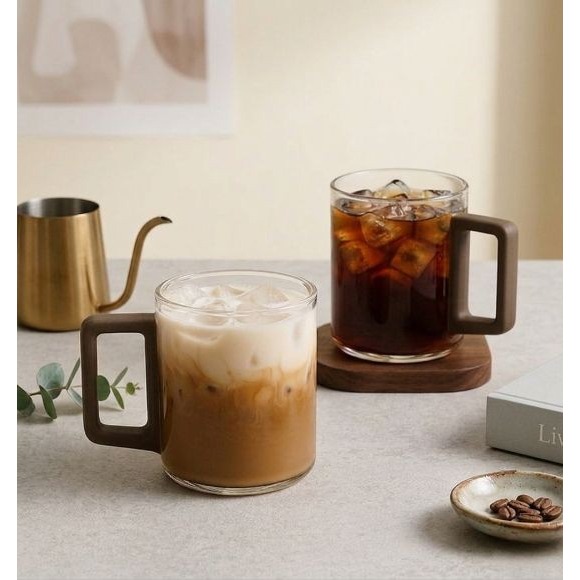 우드손잡이 투명 내열 유리컵 400ml, 혼합색상, 1개 5,000원