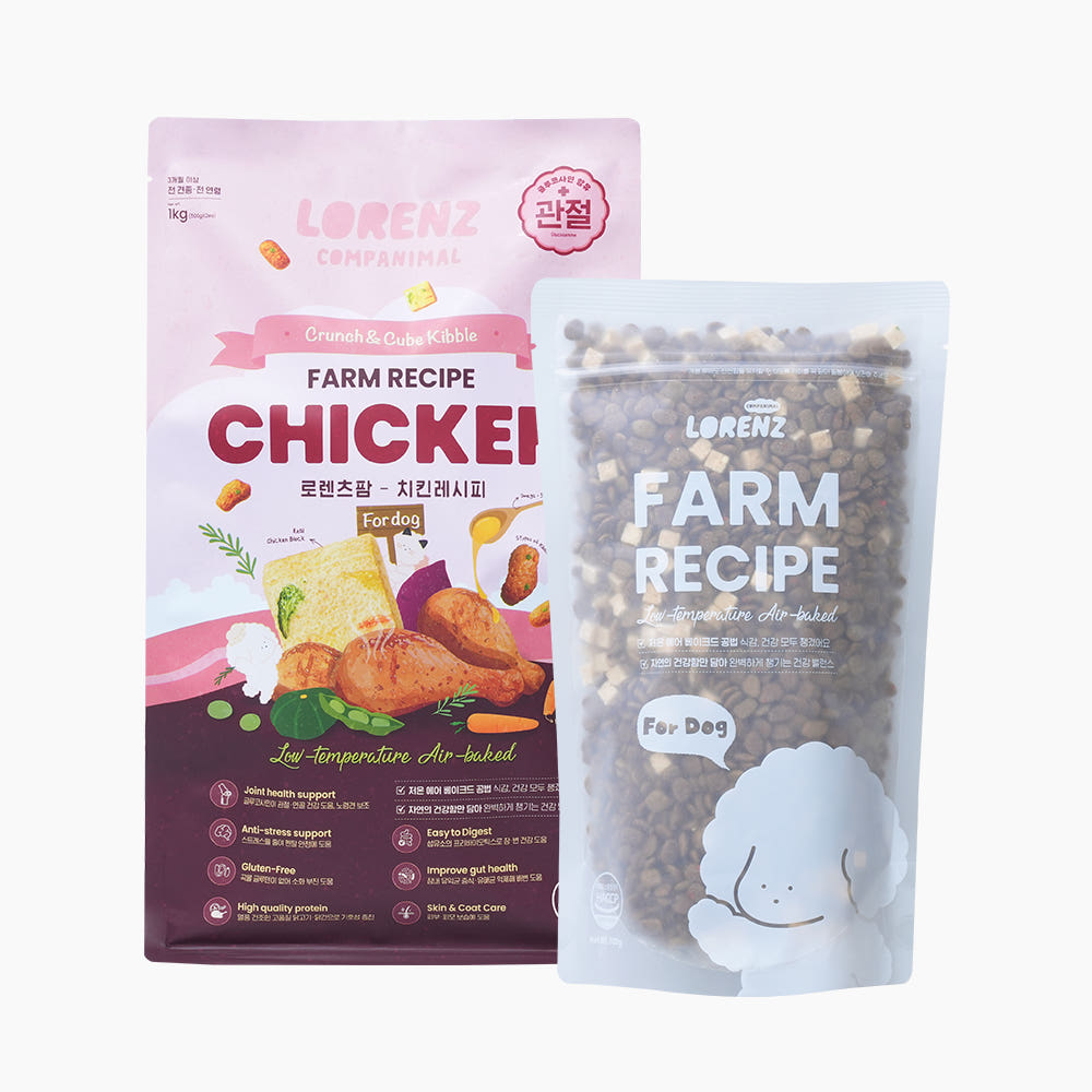로렌츠 강아지 슬개골탈구 눈물자국 사료 팜 치킨레시피 비건레시피, 1개, 1kg, 닭+야채 23,800원