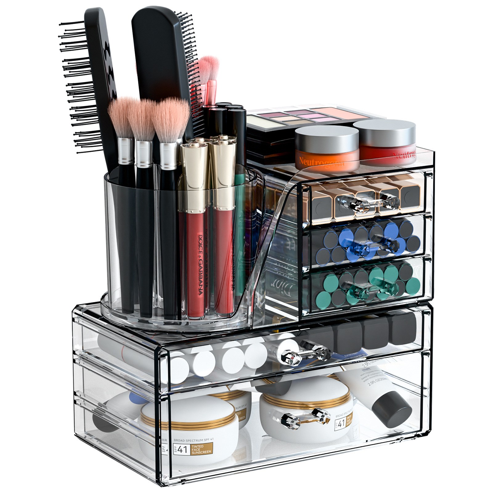 CROTOLO 2단 회전 브러시 거치대 포함 화장품 정리함 아크릴 메이크업 오거나이저 서랍형 스킨케어 수납박스 욕실 화장대용, 투명, 1세트 25,530원