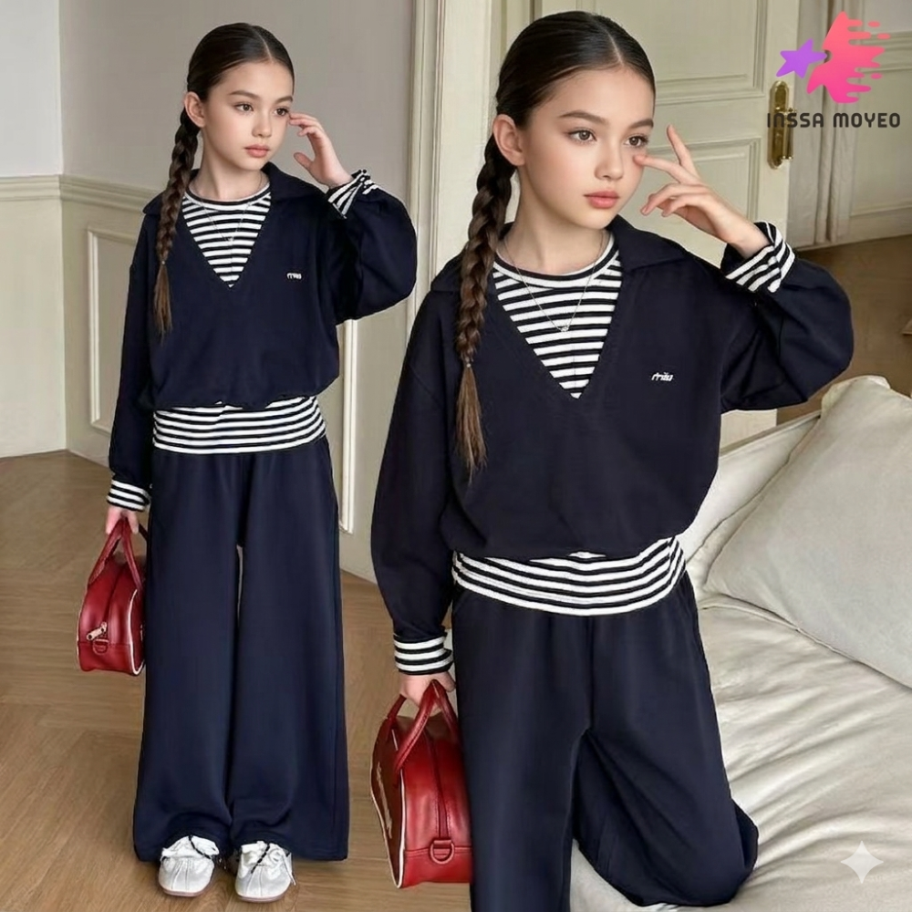 인싸모여 여아 스트라이프 레이어드 맨투맨 와이드 팬츠 상하복 34,900원