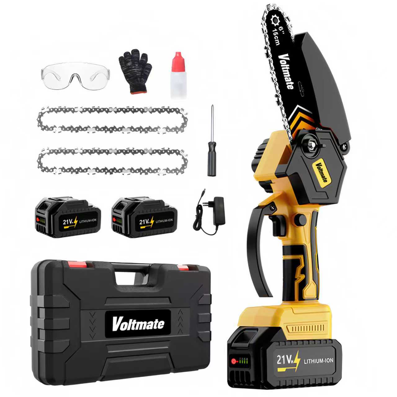 국내발송 VoltMate 독일 21V BLDC 브러시리스 6인치 LED 잔량 표시 4000mAh 리튬 배터리 2개 체인톱 전기톱, 1세트 103,850원