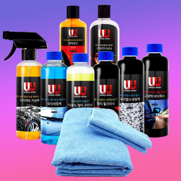 없음[유니크워시] 세차용품 8종세트/왁스+유리세정발수+휠크리너+카샴푸+가죽광택+컴파운드+극세사타월 32,000원