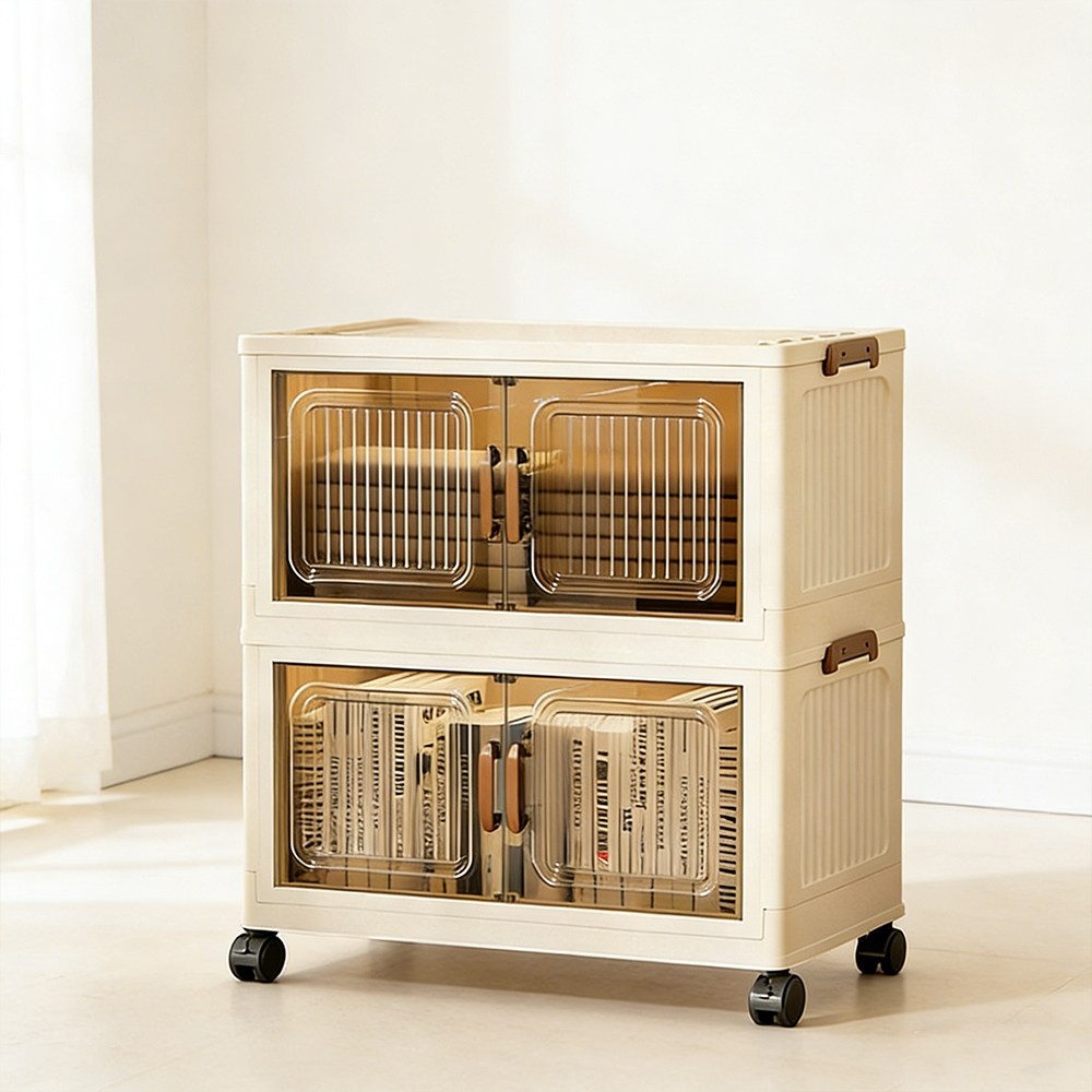 Frokom 이동식 폴딩 수납장 폭 55cm 리빙박스 접이식 바퀴 수납함 다용도 정리함, 투명 갈색 29,900원