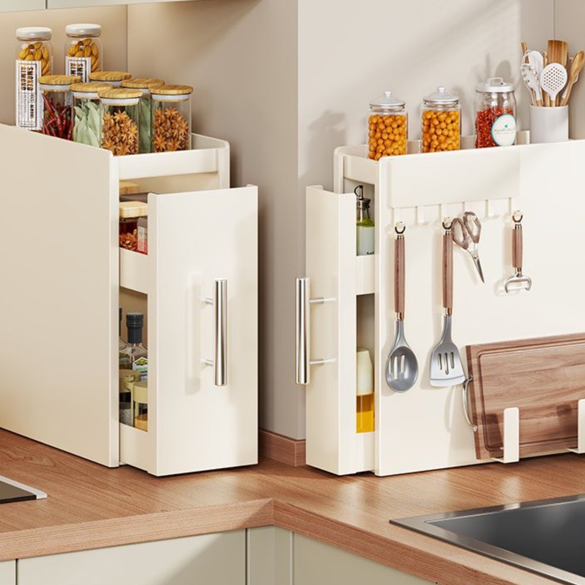 Izeriel 풀업 수납 선반 슬림 방진 철제 선반 다용도 수납함 양념통선반 조미료 수납함 공간 활용 서랍장  자석 걸이+도마 선반 포함 49,800원