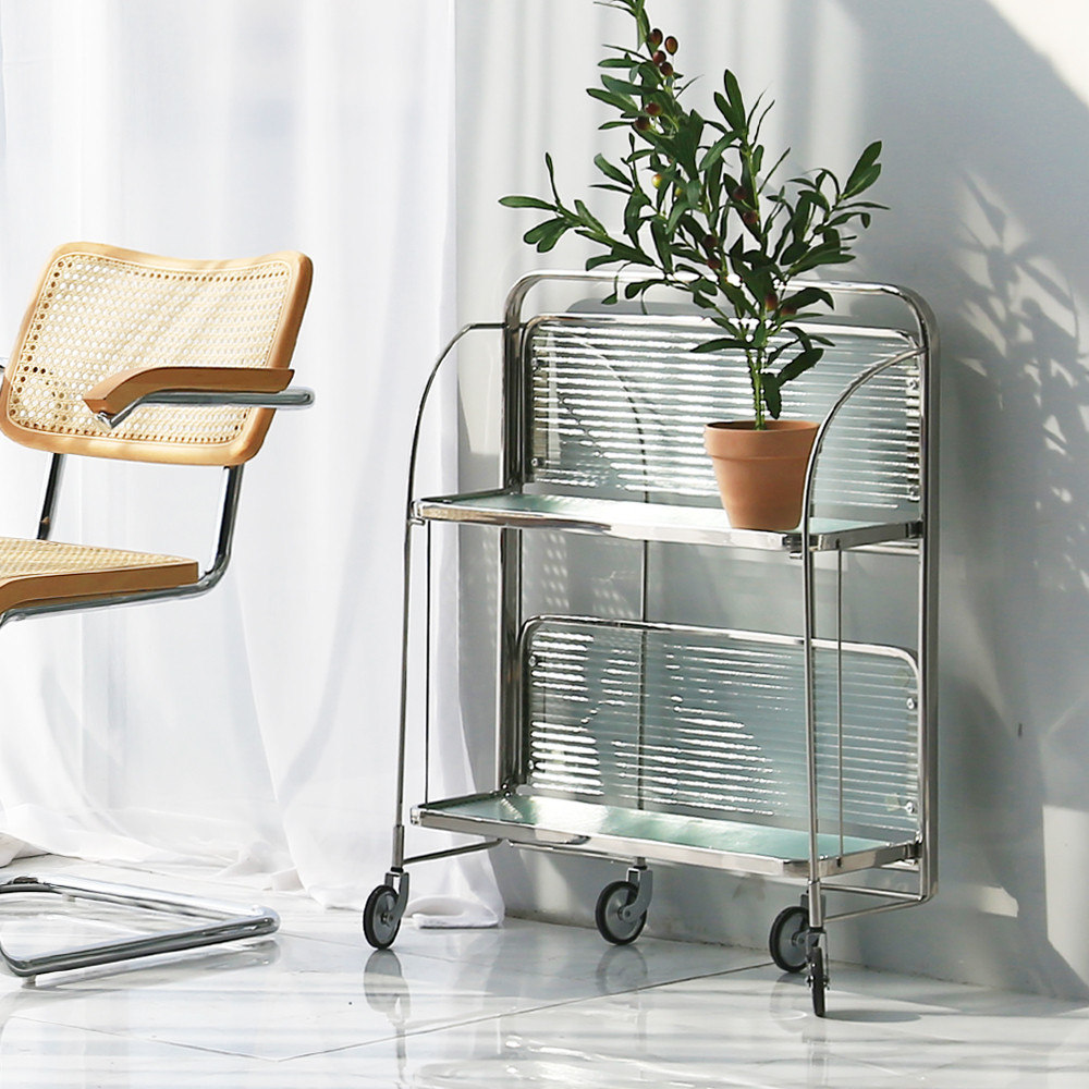 베가 어반 미드센추리모던 투명 철제 거실 인테리어 디자인 접이식 2단 선반 웨건 트롤리 99,900원
