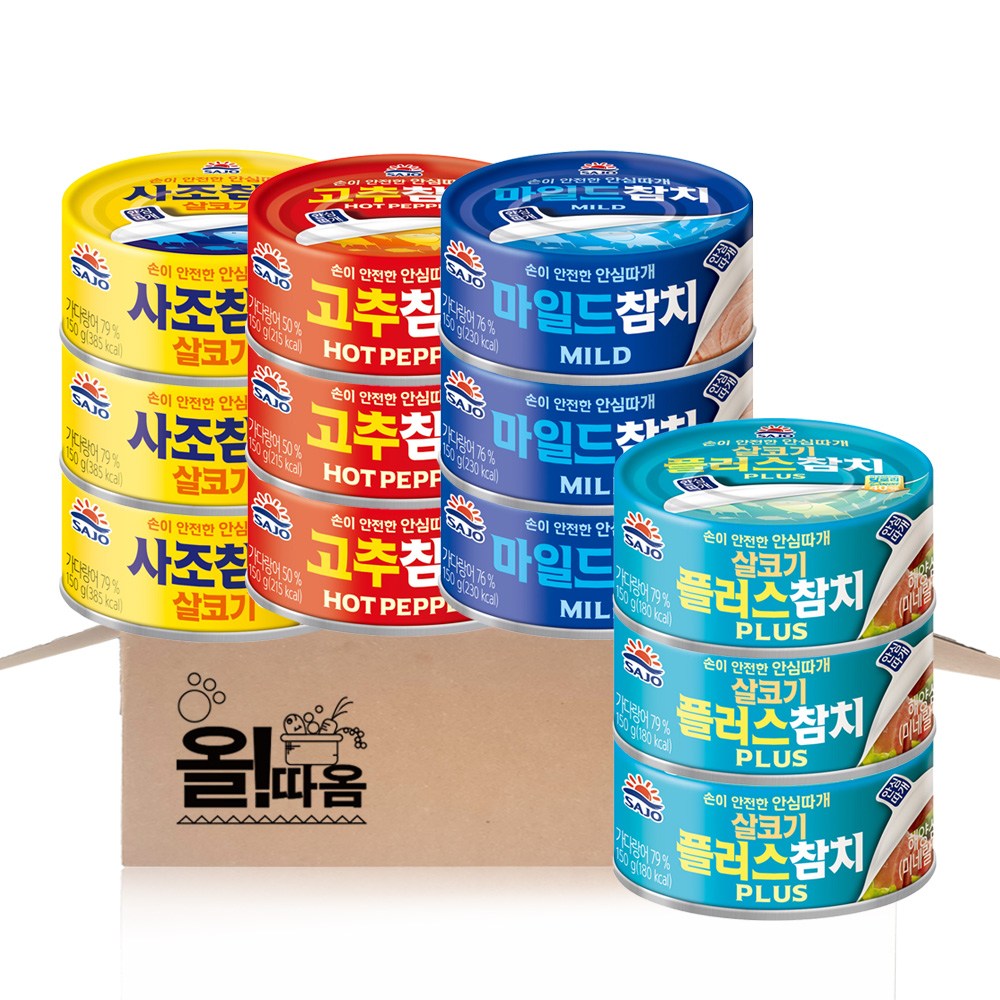 올따옴 사조 참치 150g 4종 12입 기획세트(살코기3+고추3+마일드3+살코기플러스3), 1세트, 1.8kg 32,980원