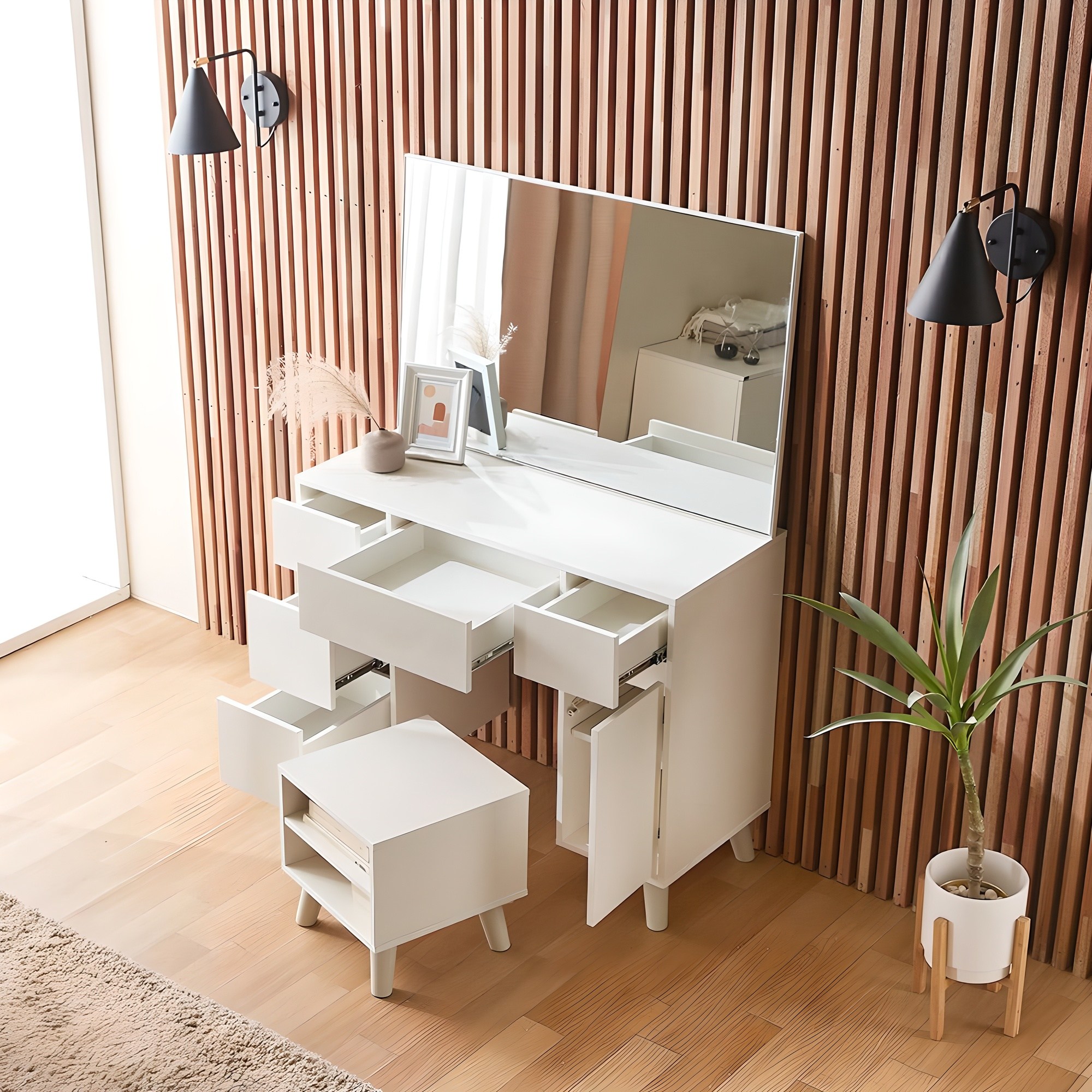 파로마 데이지 수납 화장대 + 스툴 세트 방문설치, 화이트, 현재가 189,000원