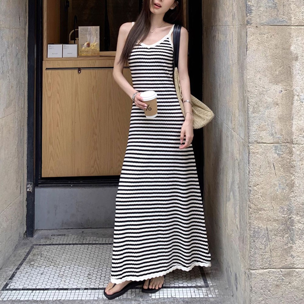 SOSISI 여성 롱원피스 봄여름 A라인 스트라이프 끈 나시원피스 DH2L00071 23,900원