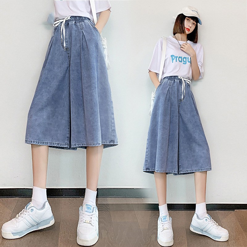 여성용 여름 빅사이즈 허리밴딩 치마바지 와일드 7부 데님 청반바지 26,900원