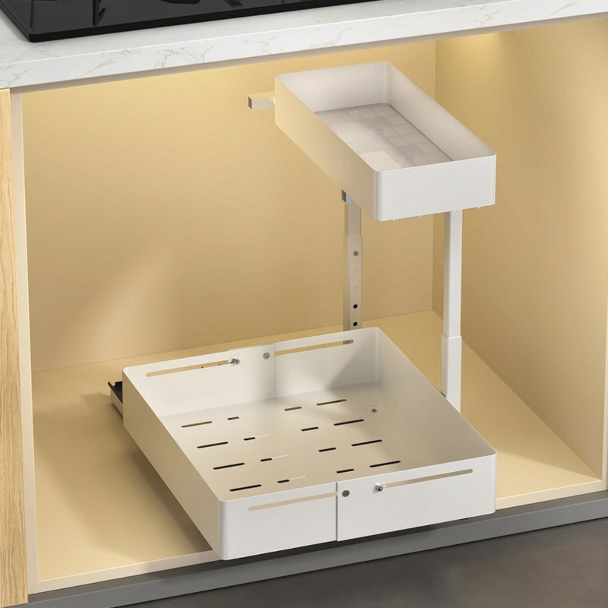 호밍사이 주방 슬라이딩 서랍형 선반 무타공 길이조절 높이조절 싱크대정리선반 양념통선반, 1개, 화이트 36,590원
