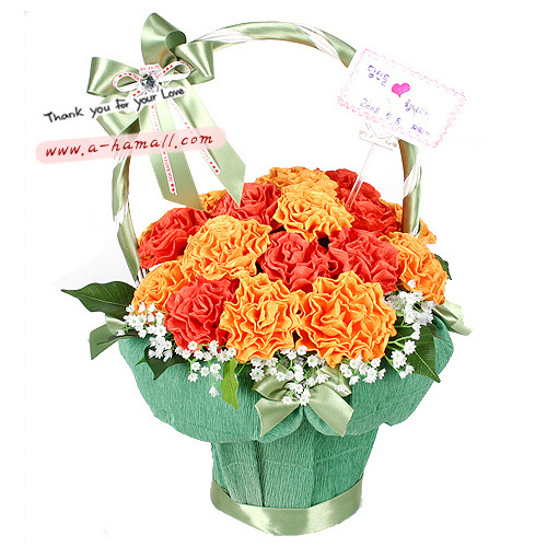 주름지카네이션 꽃 바구니 그린 리본형(어버이날선물, 스승의날 카네이션만들기), 1개 64,200원