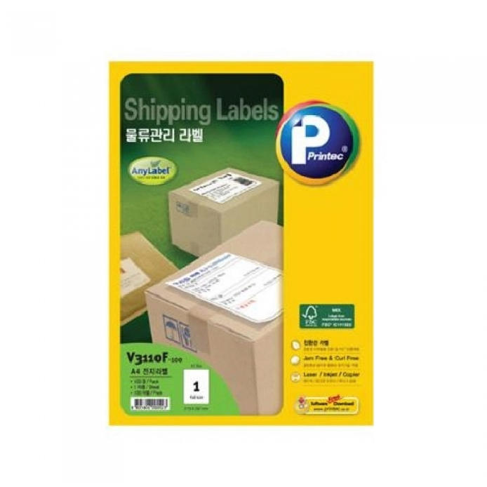 애니라벨 물류관리라벨 V3110F-100 1칸 라벨용지 100매 A4 전지라벨 프린텍 18,200원