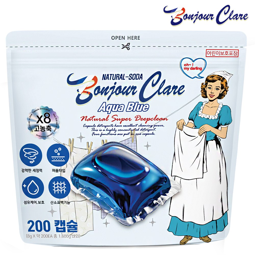 봉쥬르끌레어 캡슐세제 200개입 아쿠아블루 프랑스아로마오일향 국내생산 특대용량 고농축 실내건조 세탁세제 과탄산소다 함유 12,060원