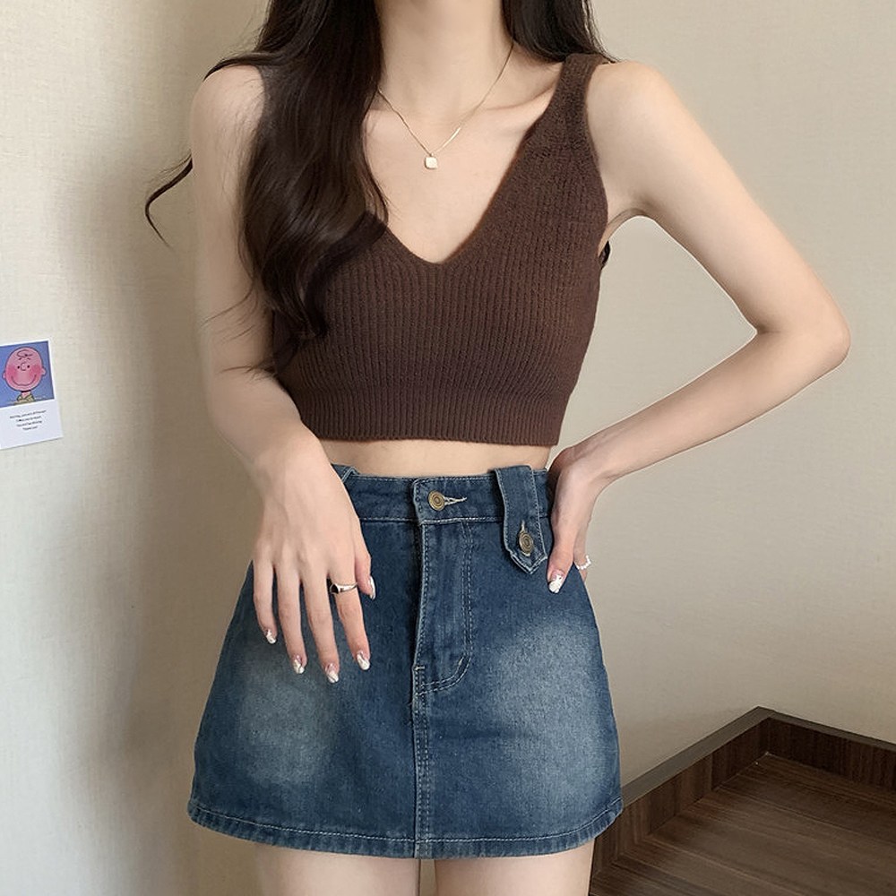 라뷰드 브이넥 골지 크롭 니트 뷔스티에 봄 가을 겨울 여성 레이어드 민소매 일자핏 나시 쫀쫀한 상의 뜨개 패턴 패션 의류 11,400원