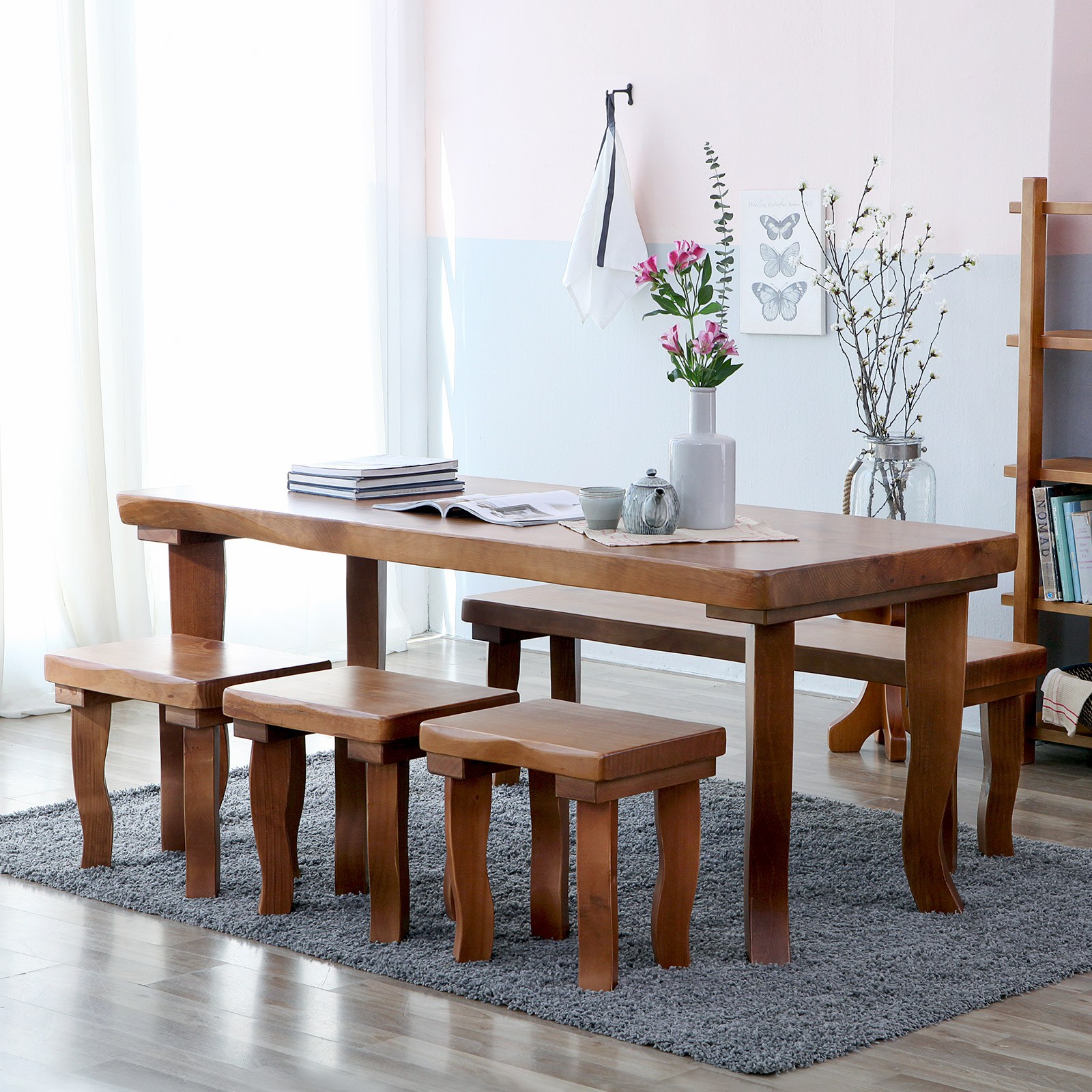 해찬솔 통원목 비담 6인용 식탁세트D1800 (긴의자+스툴의자3개)/통원목다리/벤치.스툴포함/원목식탁 1,541,000원