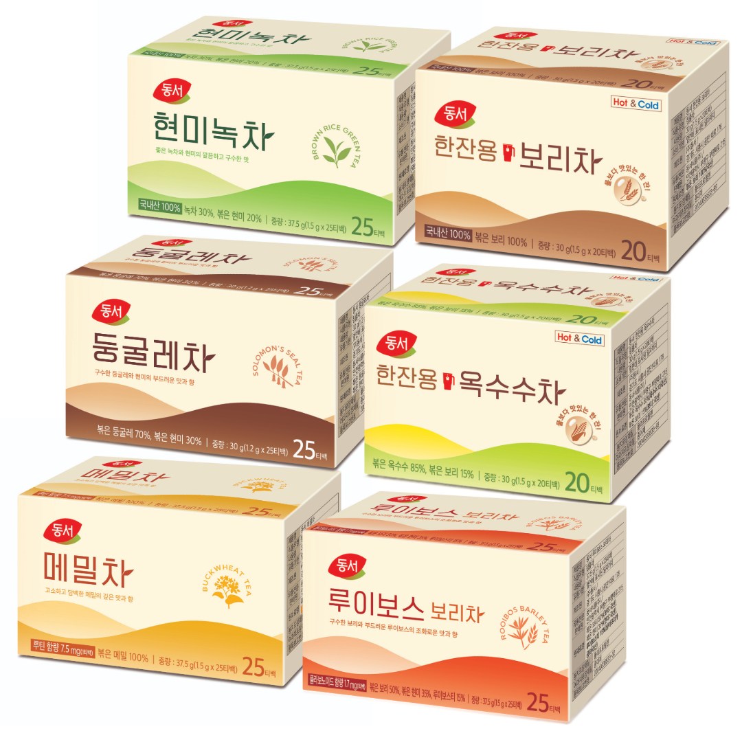동서 티백 6종세트(현미녹차+둥굴레차+메밀차+한잔용보리차+한잔용옥수수차+루이보스보리차) 14,900원