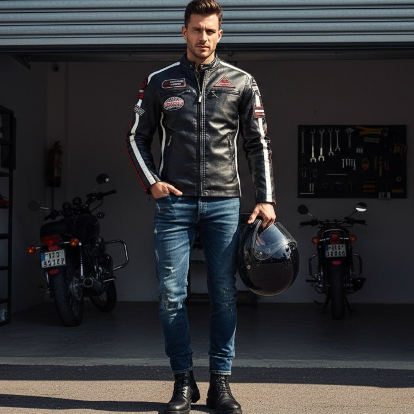 프리마 프리미엄 고급 가죽 무스탕 라이더 오토바이 자켓, 블랙 53,000원