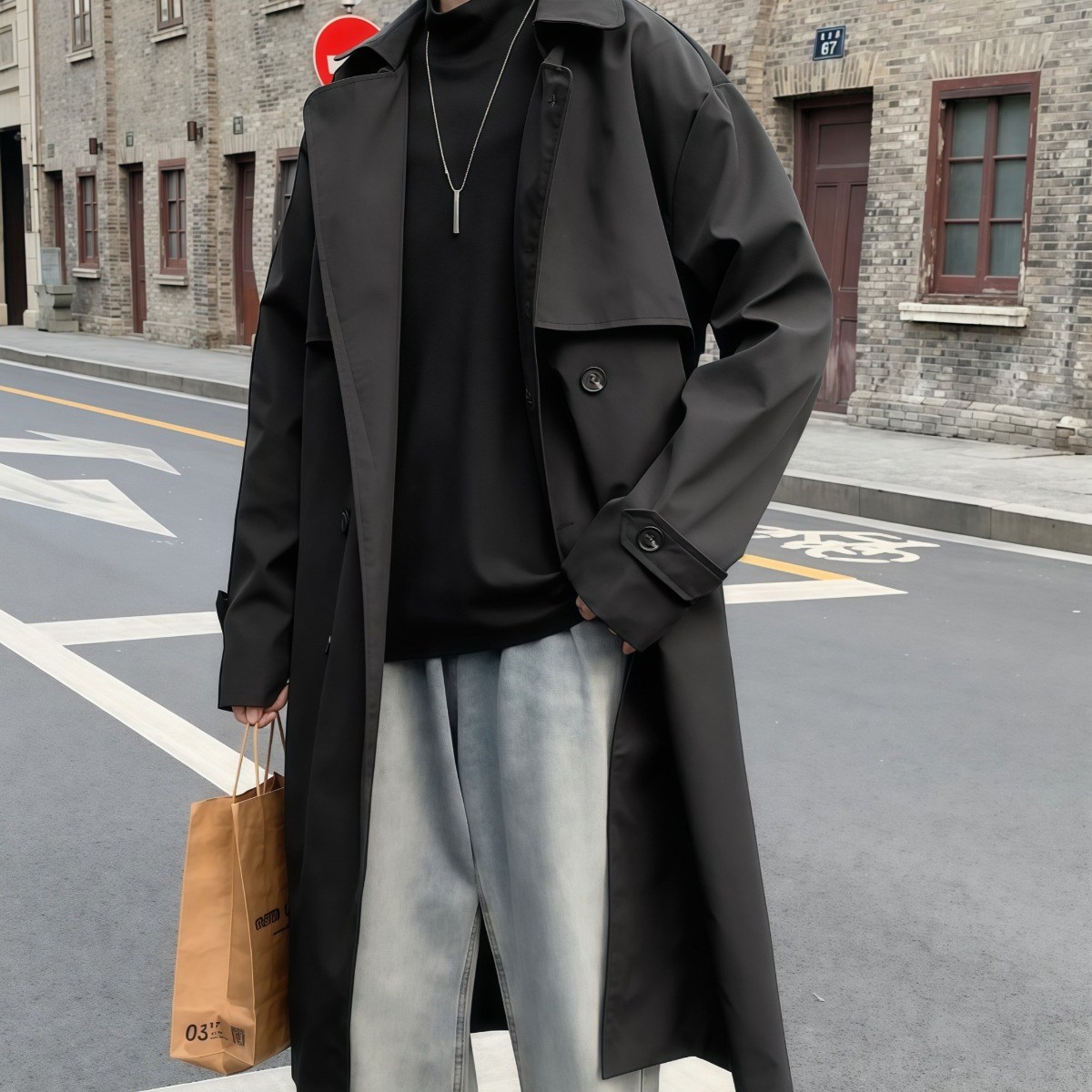 헤스루 남자 가을 트렌치코트 남자 가을 더블버튼 롱 코트, 현재가 26,900원