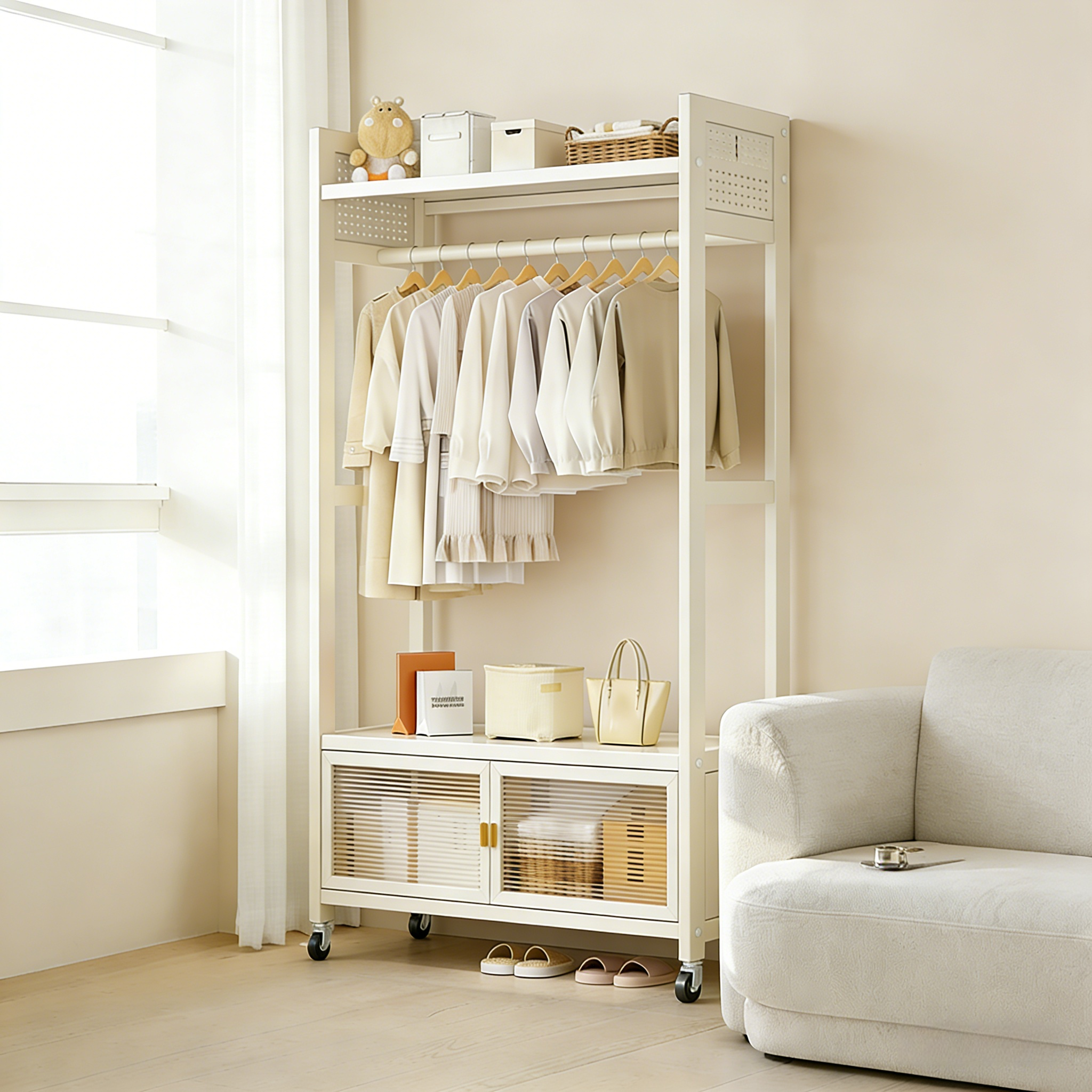 GOOD MOMENT 튼튼한 스탠드 바구니 먼지 방지 수납선반이 있는 시스템 조립식 행거, 화이트 75,900원