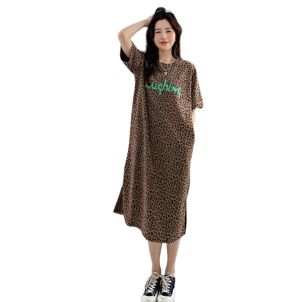 ROYALBELLE 여성 루즈핏 빅사이즈 호피무늬 반팔 원피스 옆 트임 롱 치마 캐주얼룩 V31007 18,300원