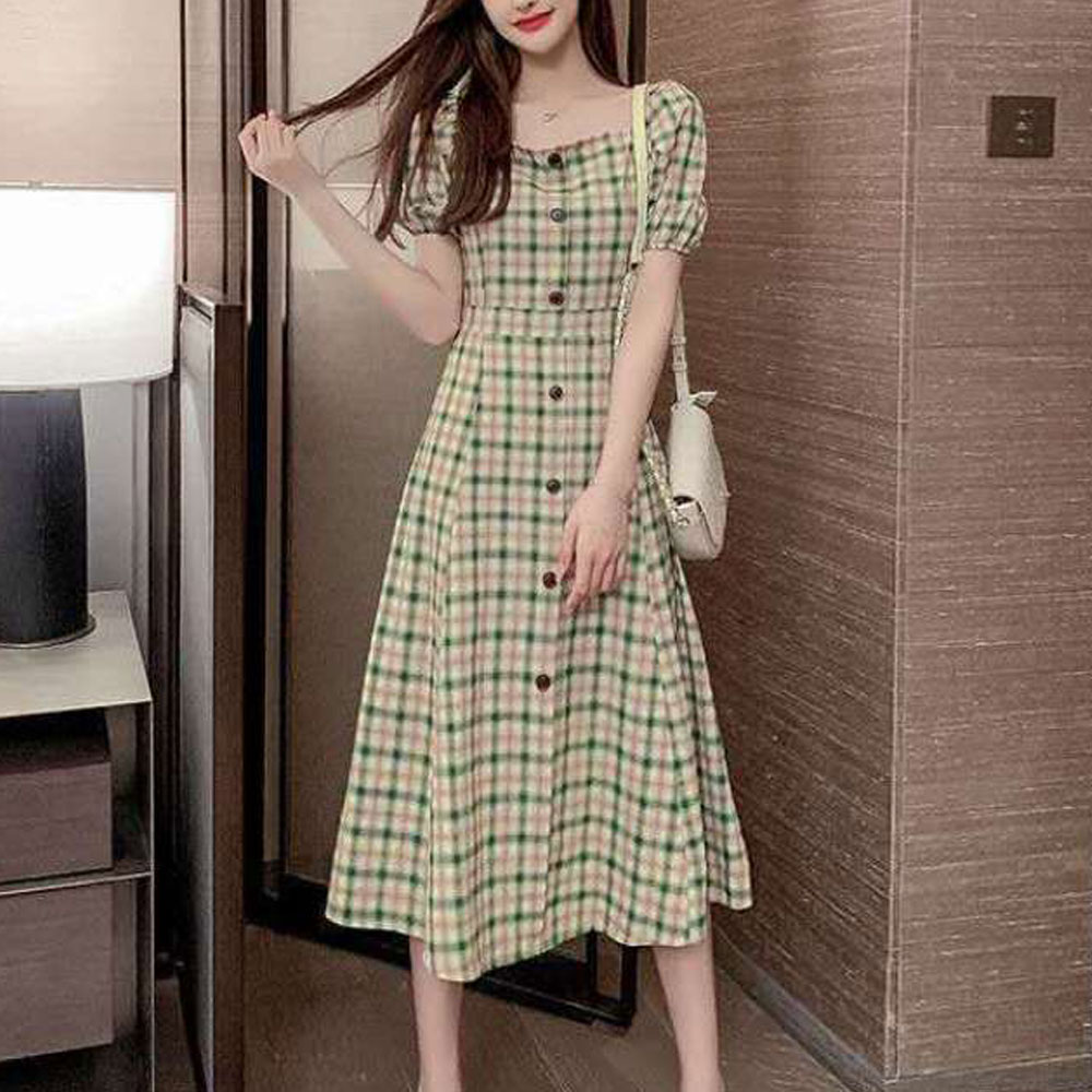 더시럽 여성용 빈티지 체크 페이크 단추 롱 원피스 13,800원