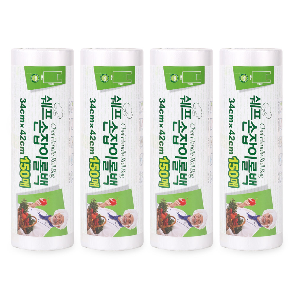 쉐프 손잡이 롤백 비닐팩 비닐 봉투 34x42 150매 , 4개, FREE(one size), 1세트, 4개 13,900원