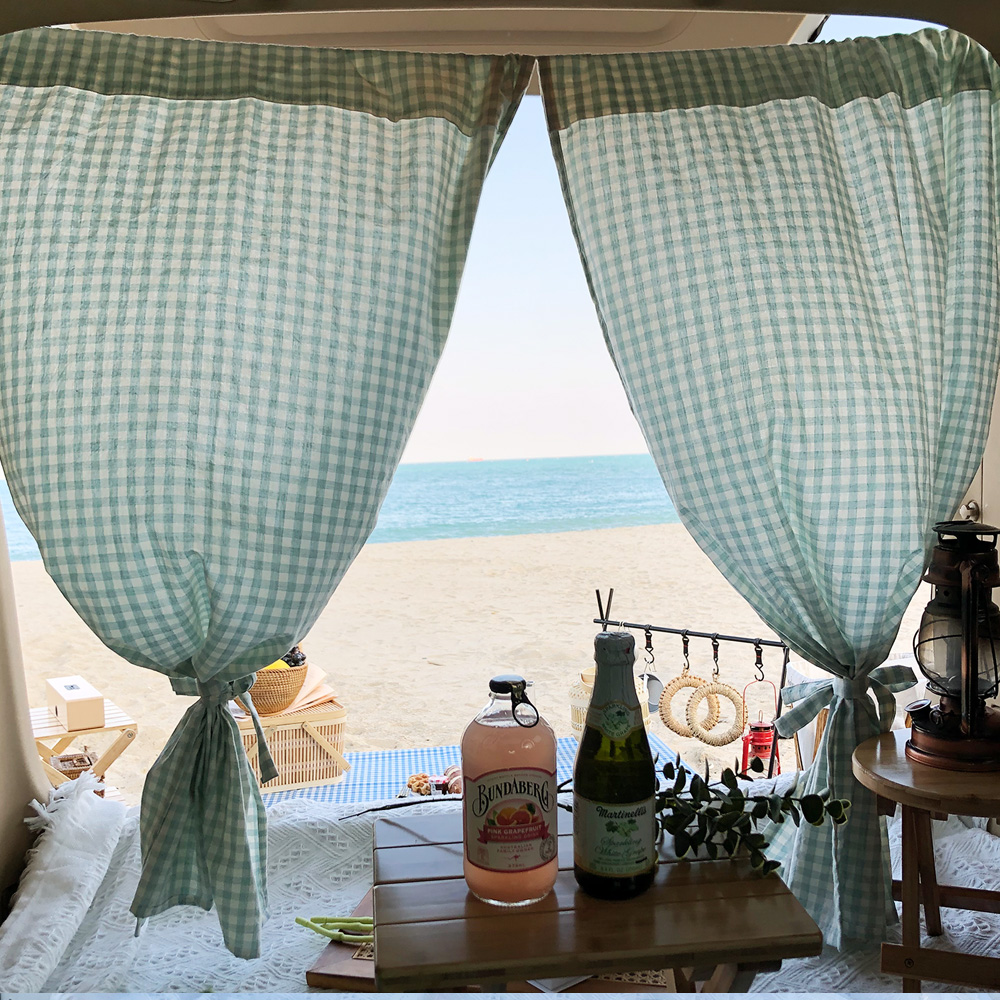 픽홈 파스텔 체크 차박 커튼 2p + 커튼끈 2p + 150cm 로프 + 보관 파우치 + LED 앵두 전구, 민트, 1세트 29,500원