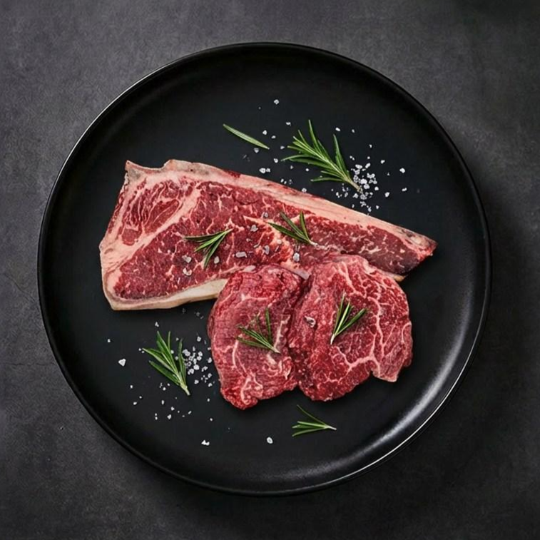 [에이징크래프트] 한우 드라이에이징 숙성 스테이크 세트 500g (스테이크용 엘본 300g + 안심 200g) 89,900원