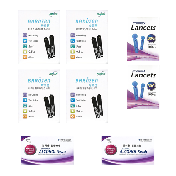 한독약품 바로잰 혈당검사지스트립 혈당측정검사지 세트(시험지200매+채혈침200개+알콜솜200매) elevee 56,100원