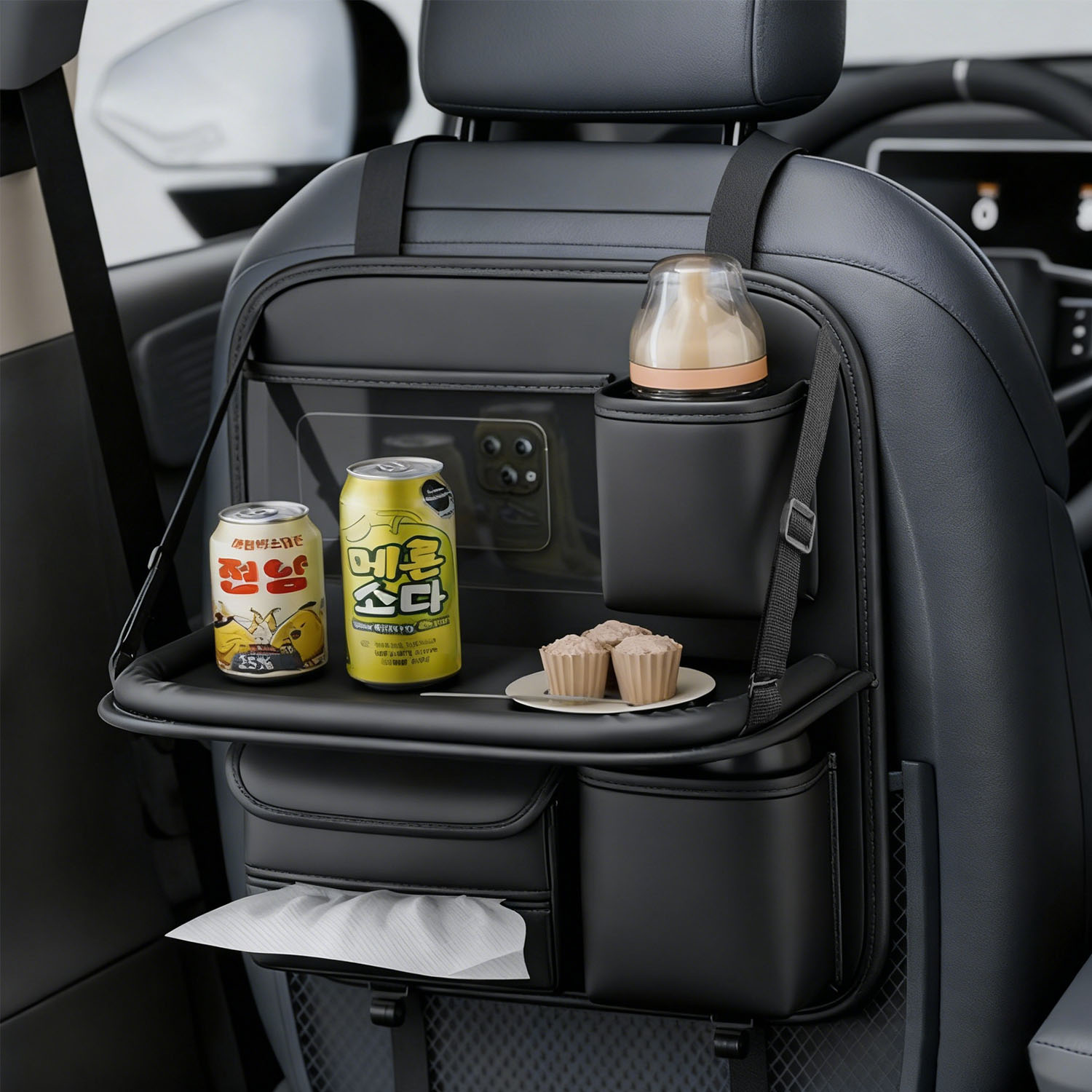 자동차 뒷자석 가죽 수납포켓 카시트 테이블 수납 정리함 차량용, 블랙, 1개 27,800원