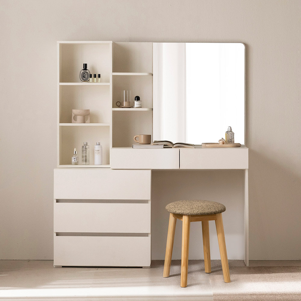 파로마 미누 와이드거울 수납선반 화장대 + 스툴 세트 방문설치, 화장대(화이트), 스툴(트위드 브라운) 291,000원