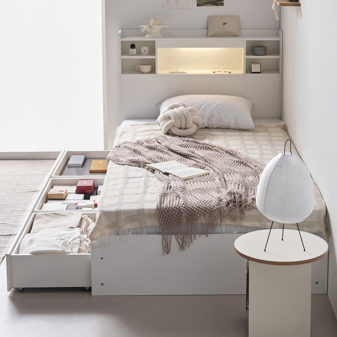 수오 국내생산 하루 LED 1단 3서랍 수납 침대 프레임 단품 방문설치, 화이트 228,000원