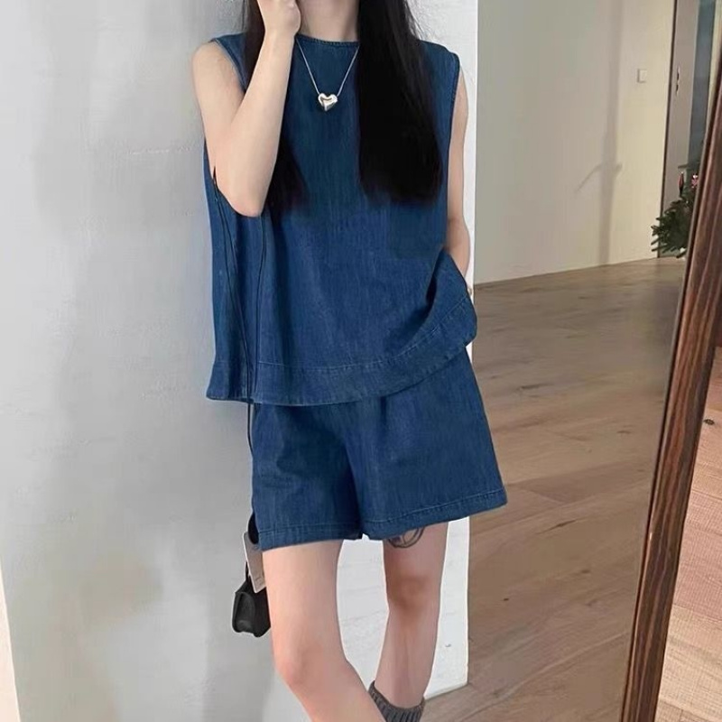 SAHINER 여성 민소매 루즈핏 데님 탑 와이드 반바지 세트 여름 22,900원