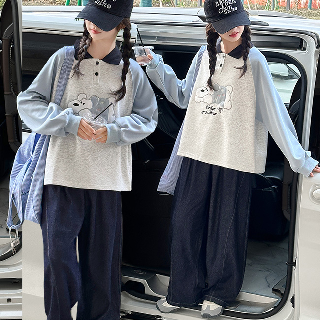 비비키드 여아 봄 가을 초중생 강아지 캐릭터 자수 카라티 상하복 세트 주니어 긴팔 상의+하의 세트 초등생 데님 긴바지 (77669) 42,800원