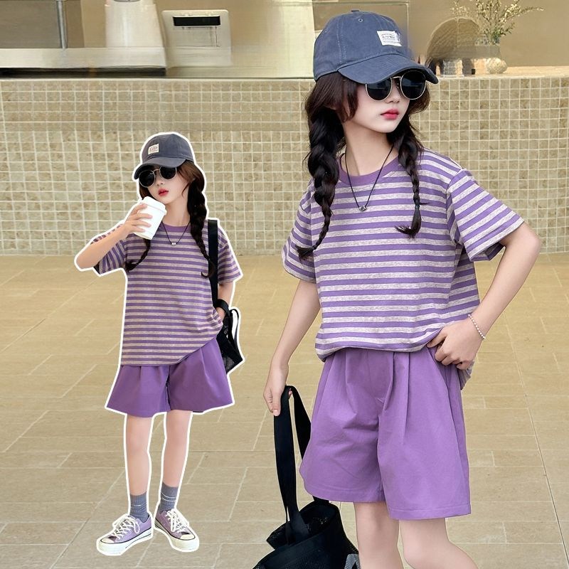 해피유통어린이 여름 보라색 스트라이프 반팔 티셔츠 + 루즈핏 반바지 세트14세 이상 XG03 28,380원