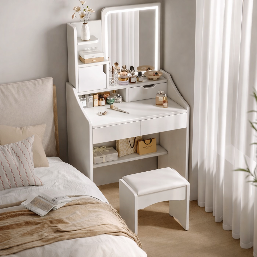 모던 미니멀 LED 조명 아파트용 수납형 서랍 화장대, 흰색(B)+등+의자(A) 600*400*1300mm 167,000원