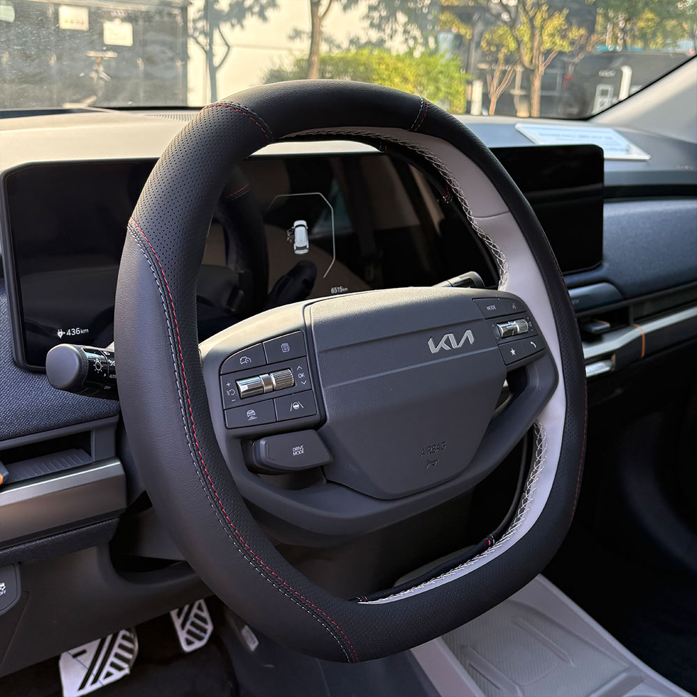 EV3 EV4 EV5 EV6 EV9 차량용 더블D컷 고급가죽스티치 핸들커버, 블루레드스티치 23,900원