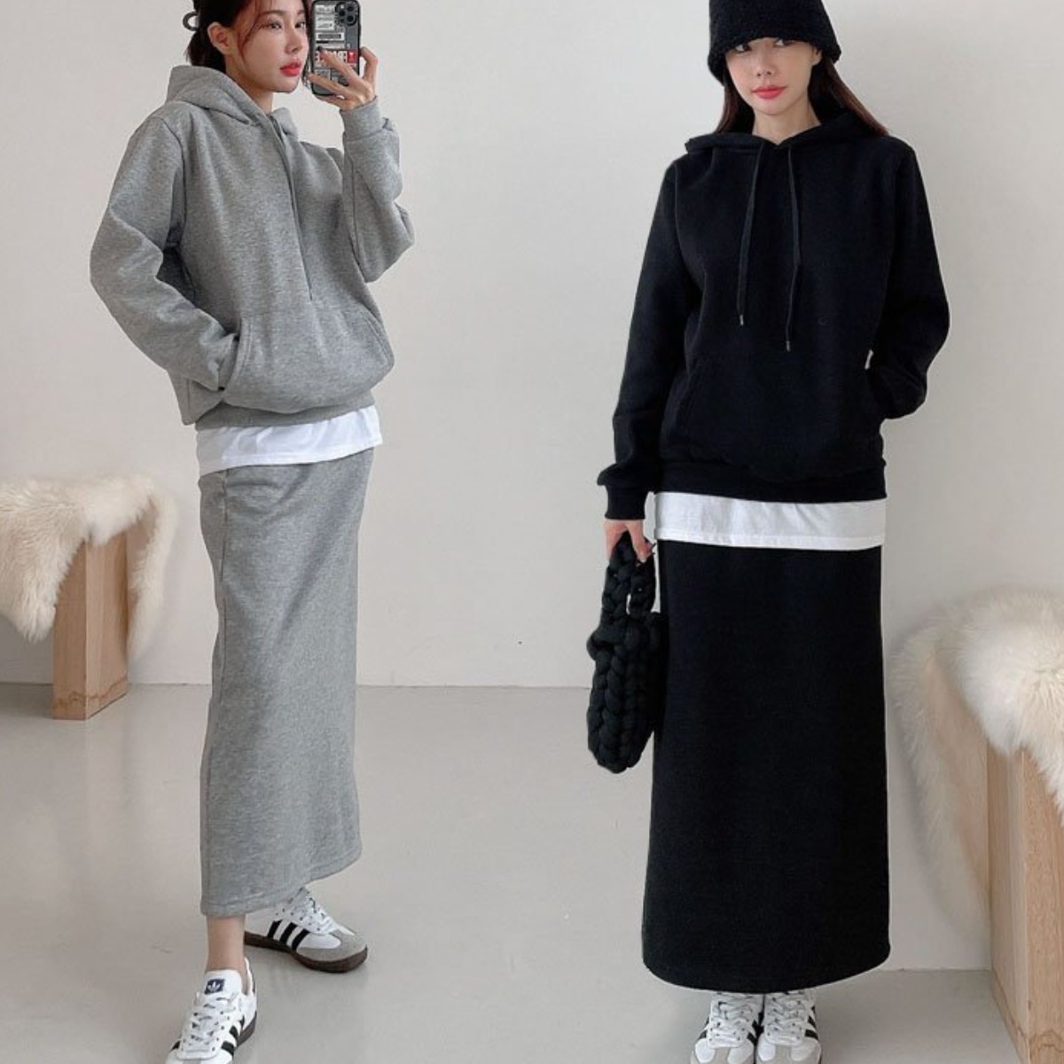 렛잇샤인 루즈핏 빅사이즈 리피 기모 레이어드 후드티셔츠+밴딩 롱스커트 상하의세트 43,400원