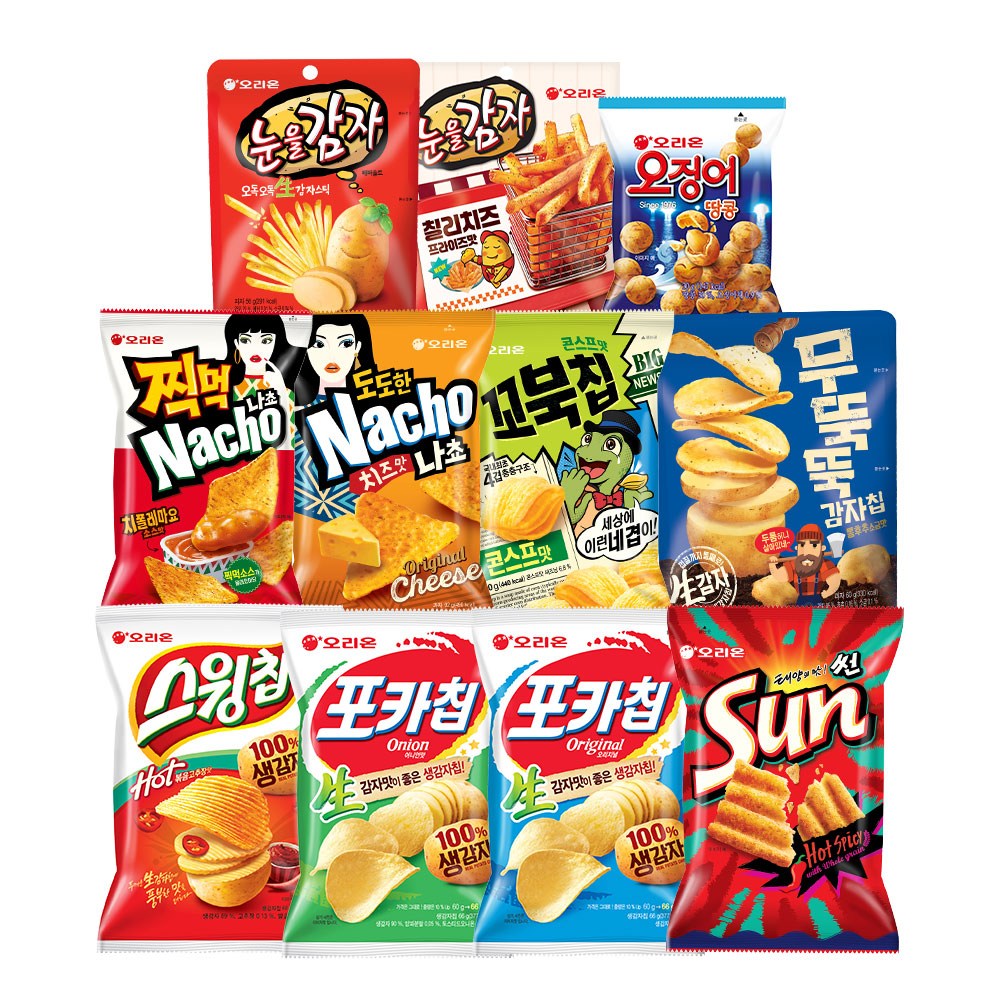 오리온 스테디셀러 스낵 모음B 10종+1종 증정 (11개) 포카칩 스윙칩 썬 나쵸 무뚝뚝감자칩 눈을감자 꼬북칩 오징어땅콩, 1세트, 스낵B 17,900원