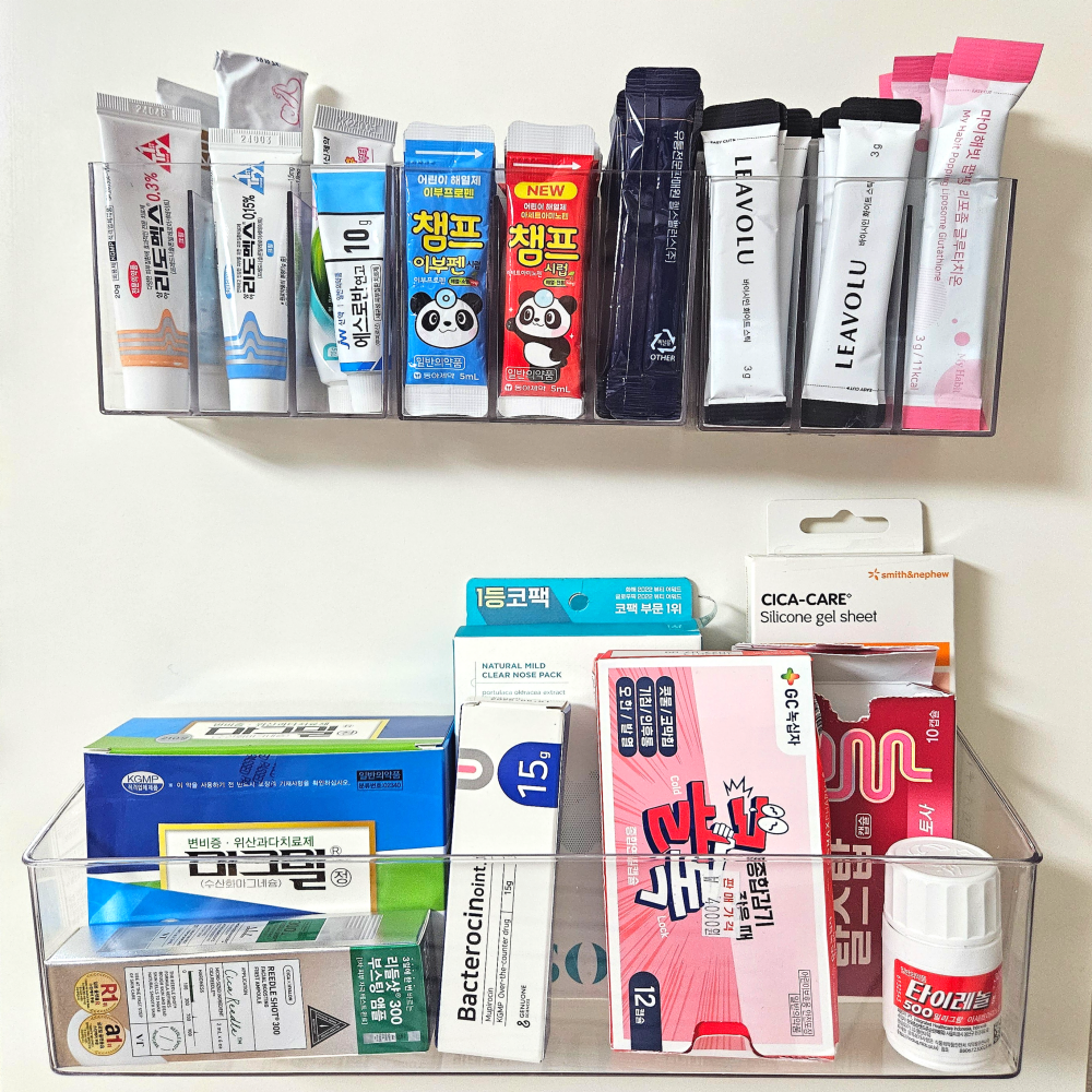 유니데이 접착 부착식 공중부양 칸막이 멀티 약 정리함, 1개, 투명대형+투명소형3, 현재가 16,900원