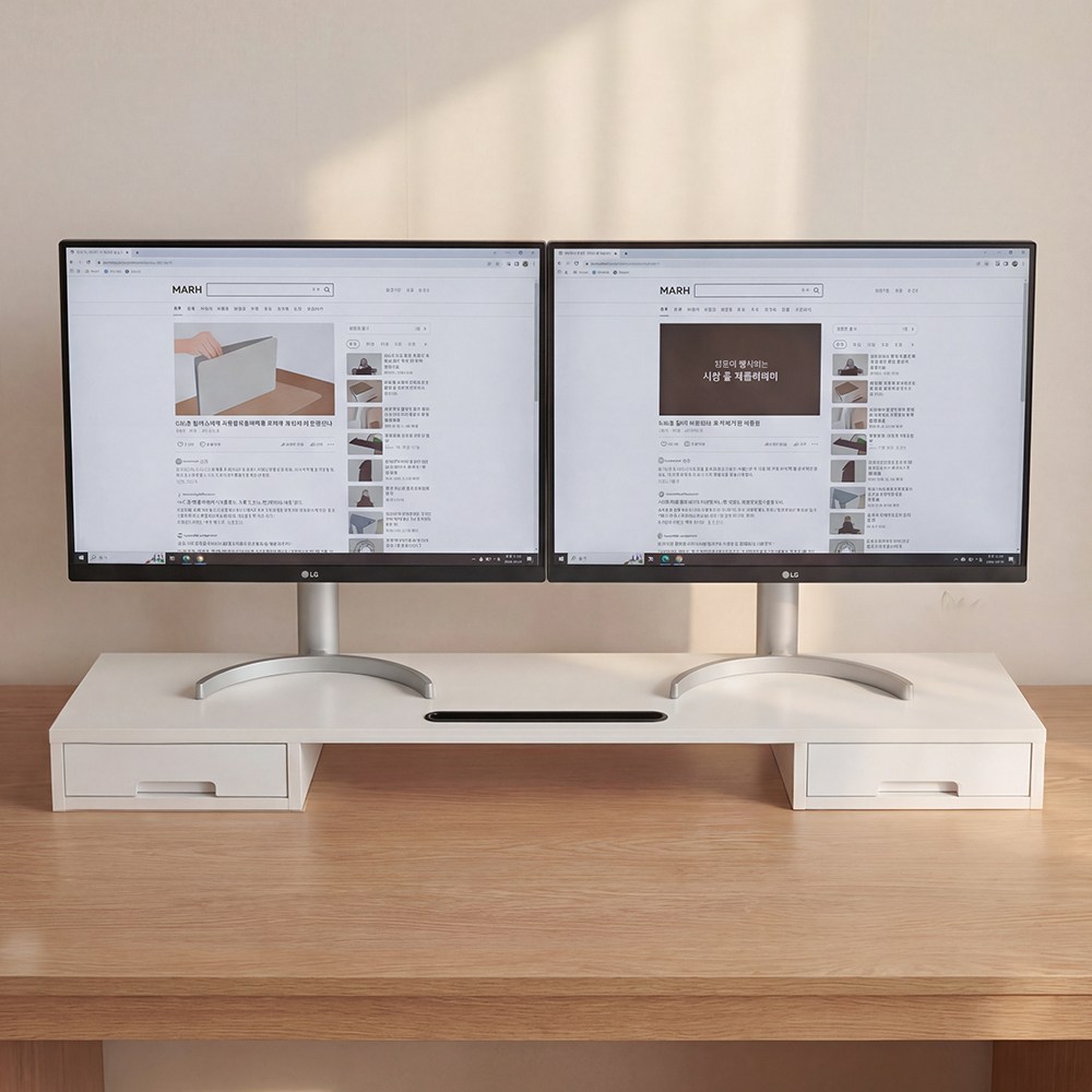 듀얼 모니터 받침대 수납 서랍형 거치대 와이드 모니터 거치, 화이트, 현재가 33,110원