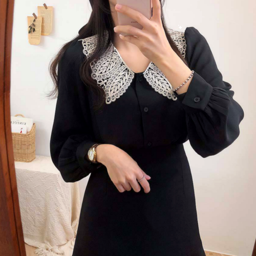 리얼제이드 배색 자수 카라 쉬폰 퍼프 블라우스 셔츠 24,800원