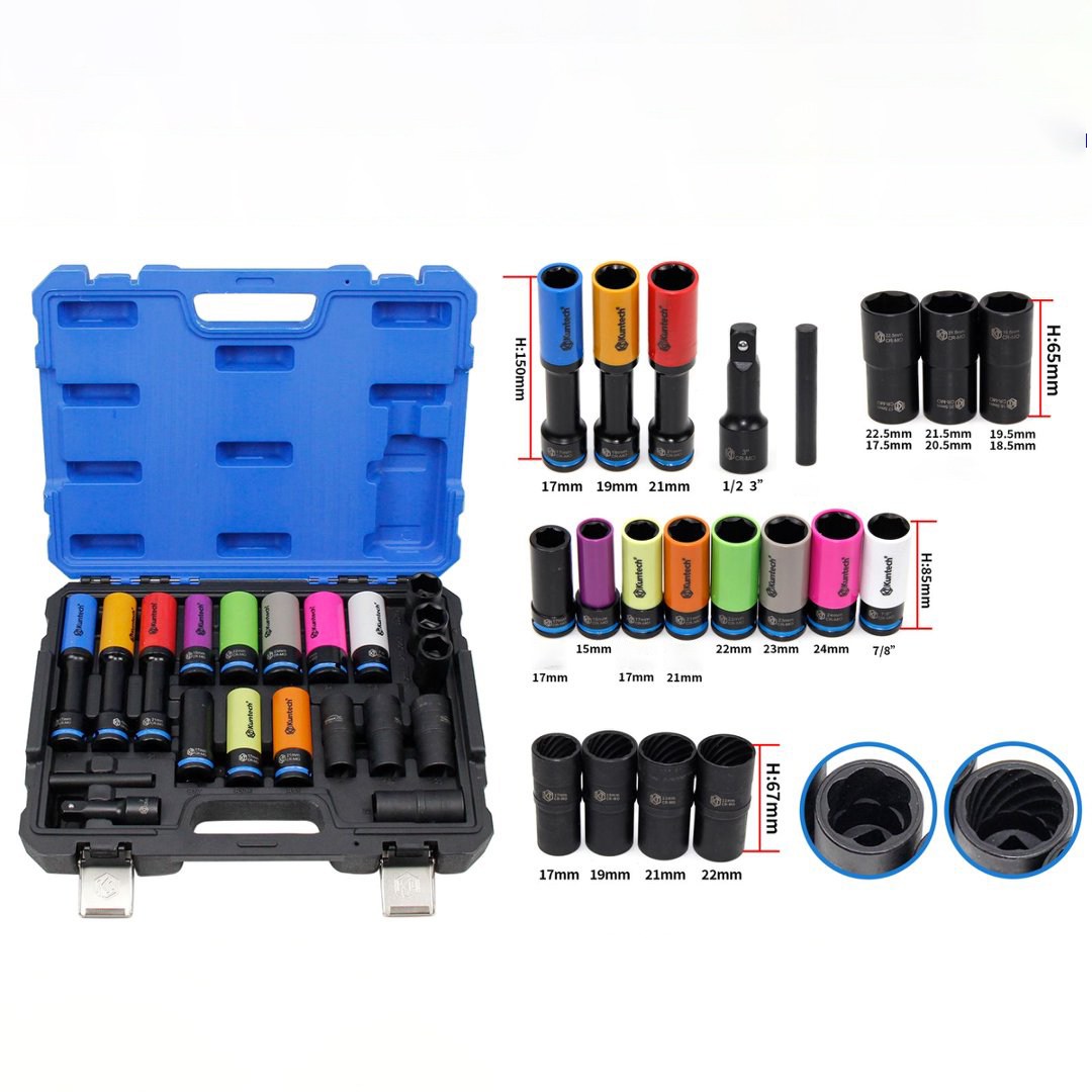 Kuntech 자동차 타이어 소켓 분리 도구 세트 1/2 공기압 연장 휠 휠 보호 소켓, 1세트, KT6250-컬러 147,640원